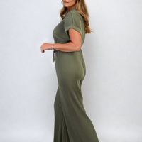 Pleated Jumpsuit in Khaki with Tie Waist and Wide Legs