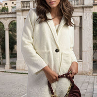 Light cream textured button-up jacket with notch collar and front flap pockets