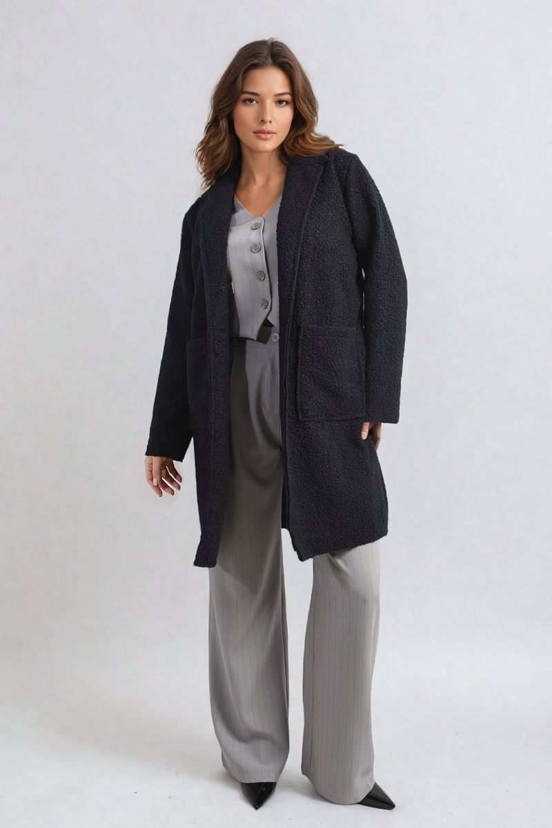 Dark navy textured button-up jacket with notch collar and flap front pockets