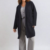 Dark navy textured button-up jacket with notch collar and flap front pockets