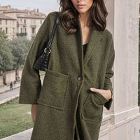 Olive textured button-up jacket with notch collar and flap front pockets