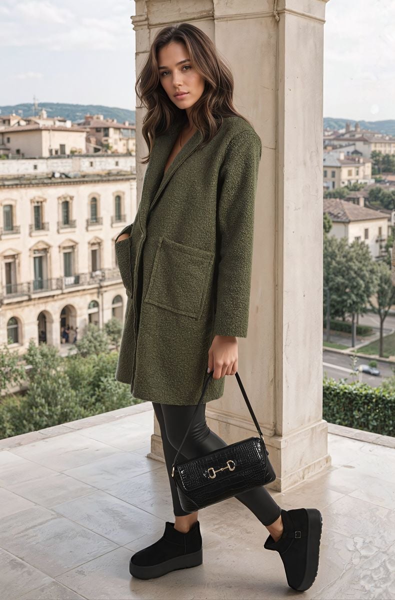Olive textured button-up jacket with front flap pockets and wide sleeves