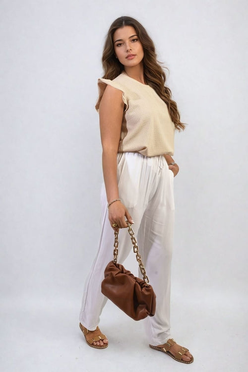 Drawstring high-waist trousers with side pockets, light cream and off-white