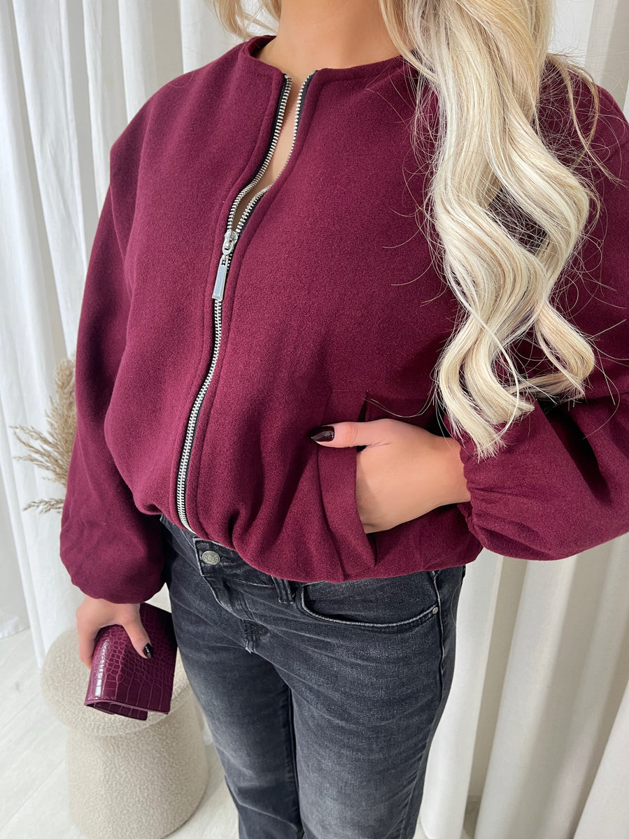 Cropped Bomber Jacket in Wine with Balloon Sleeves