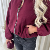 Cropped Bomber Jacket in Wine with Balloon Sleeves