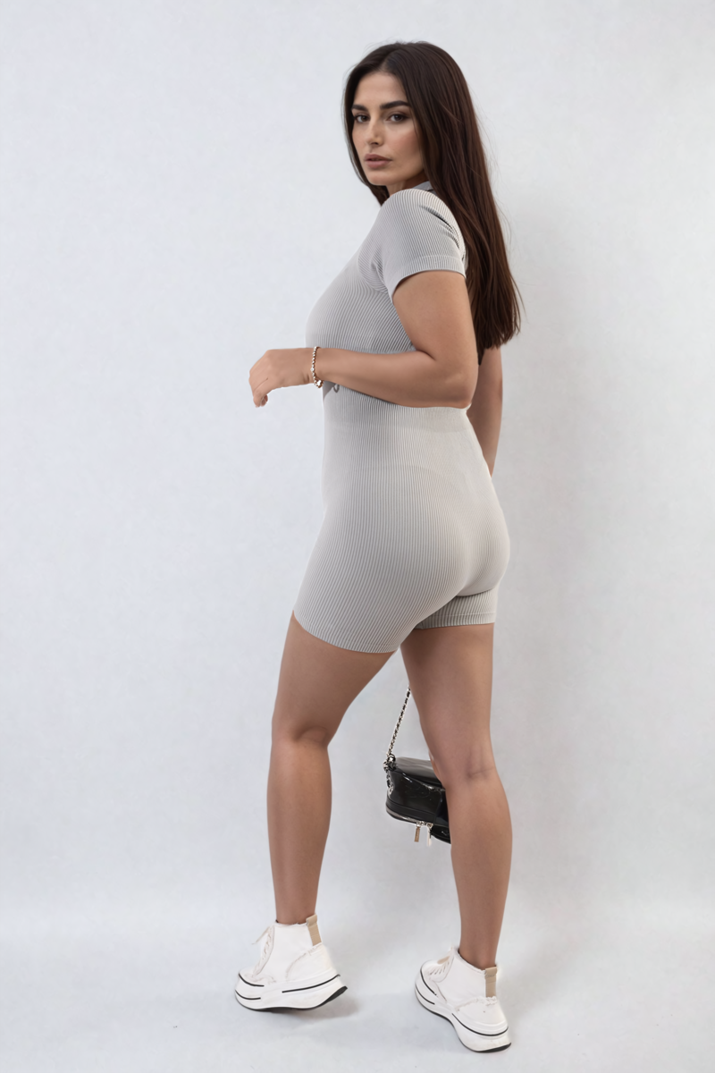 Rib knit zip-front short-sleeve playsuit, light gray, one-piece romper with zipper.