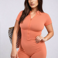 Coral rib knit zip-front playsuit, short sleeves, fitted shorts