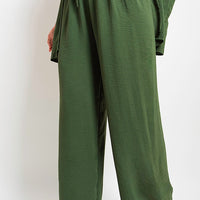 Dark green drawstring gathered-waist wide-leg trousers with soft pleated front