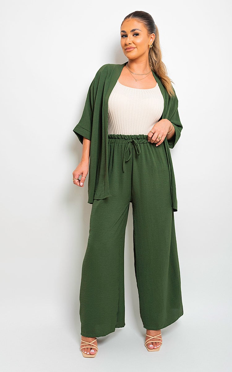 Green drawstring gathered-waist wide-leg trousers with relaxed roomy fit