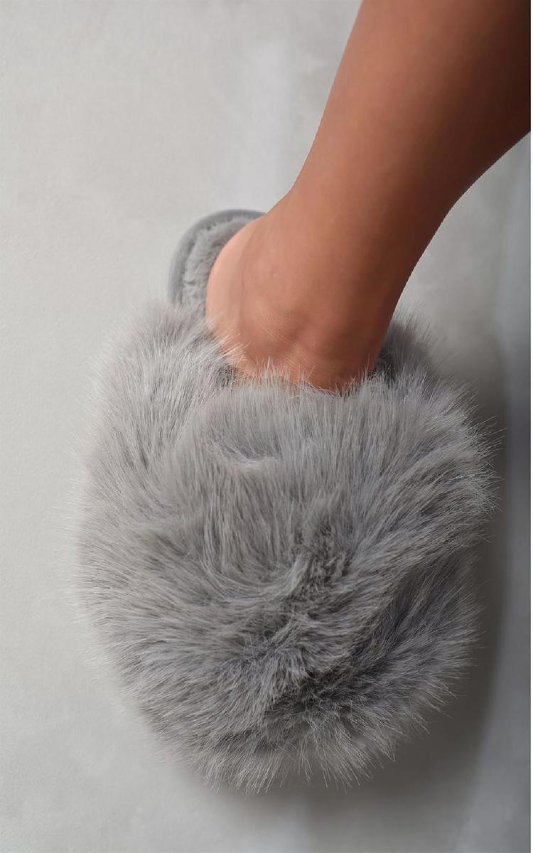 Grey faux fur open-back slippers with thick, fluffy front and flat sole