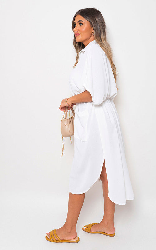 White button-down collared midi dress with two front pockets and waist tie belt