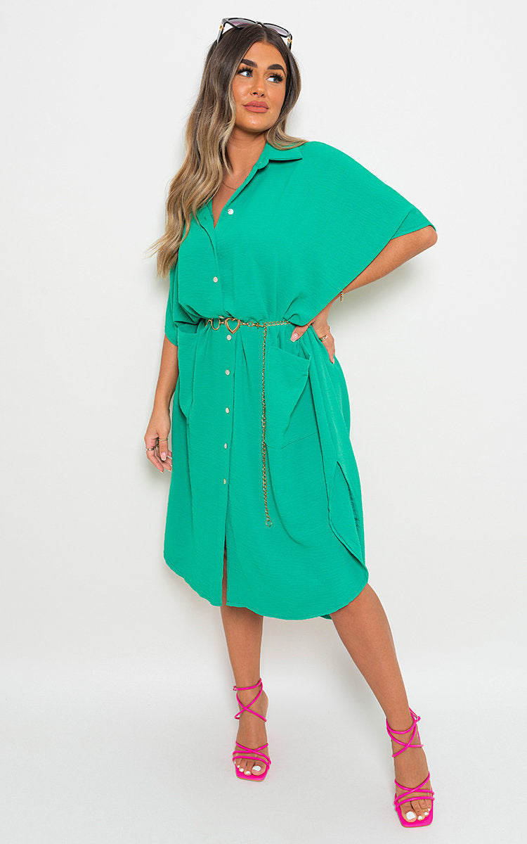 Green button-down collared midi dress with two front pockets and tied waist