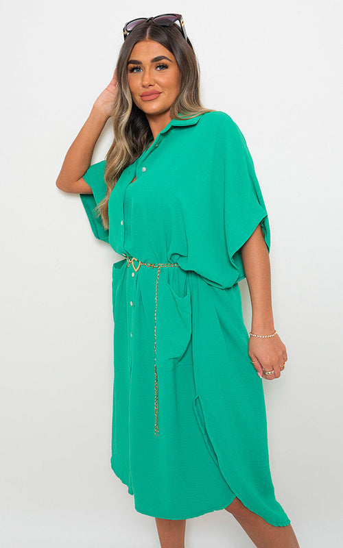 Green button-down collared midi dress with two front pockets and belt tie