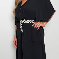 Black collared button-down midi dress with two front pockets and waist belt in front view