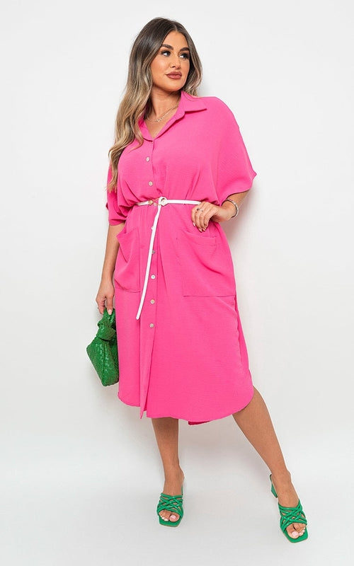 Fuchsia button-down collared midi dress with two front pockets and belt tie