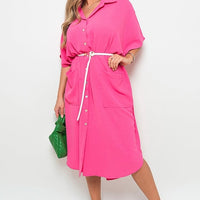 Fuchsia button-down collared midi dress with two front pockets and belt tie
