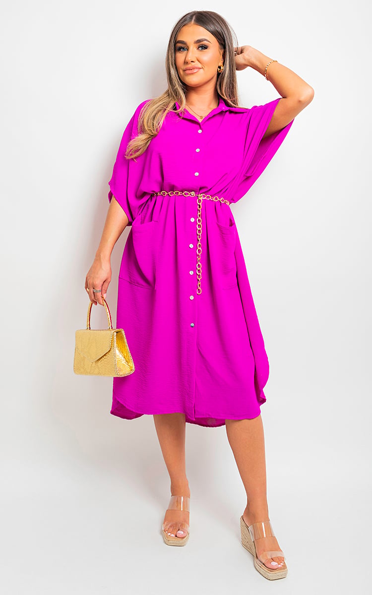 Fuchsia button-down collared midi dress with two front pockets and waist tie