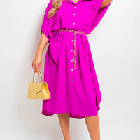 Fuchsia button-down collared midi dress with two front pockets and waist tie