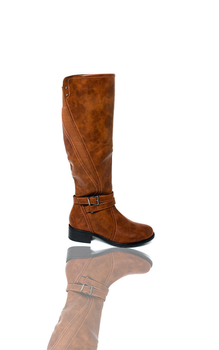Camel knee-high boots with side buckle straps and block heel
