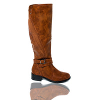 Camel knee-high boots with side buckle straps and block heel