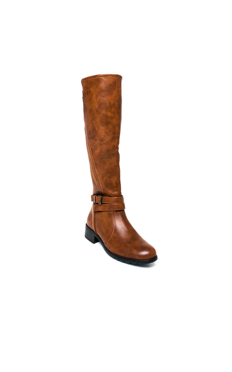 Camel knee-high boots with buckle strap and low block heel