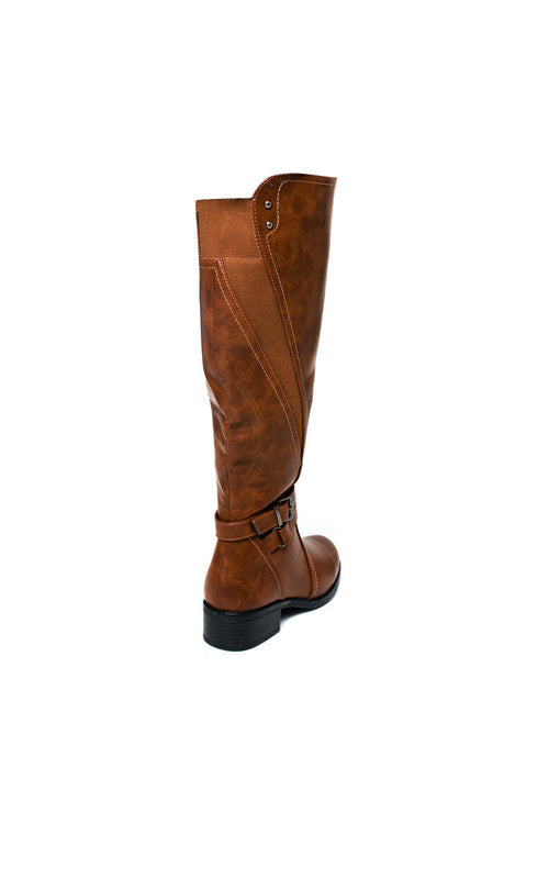 Camel knee-high boots with buckle strap and low block heel