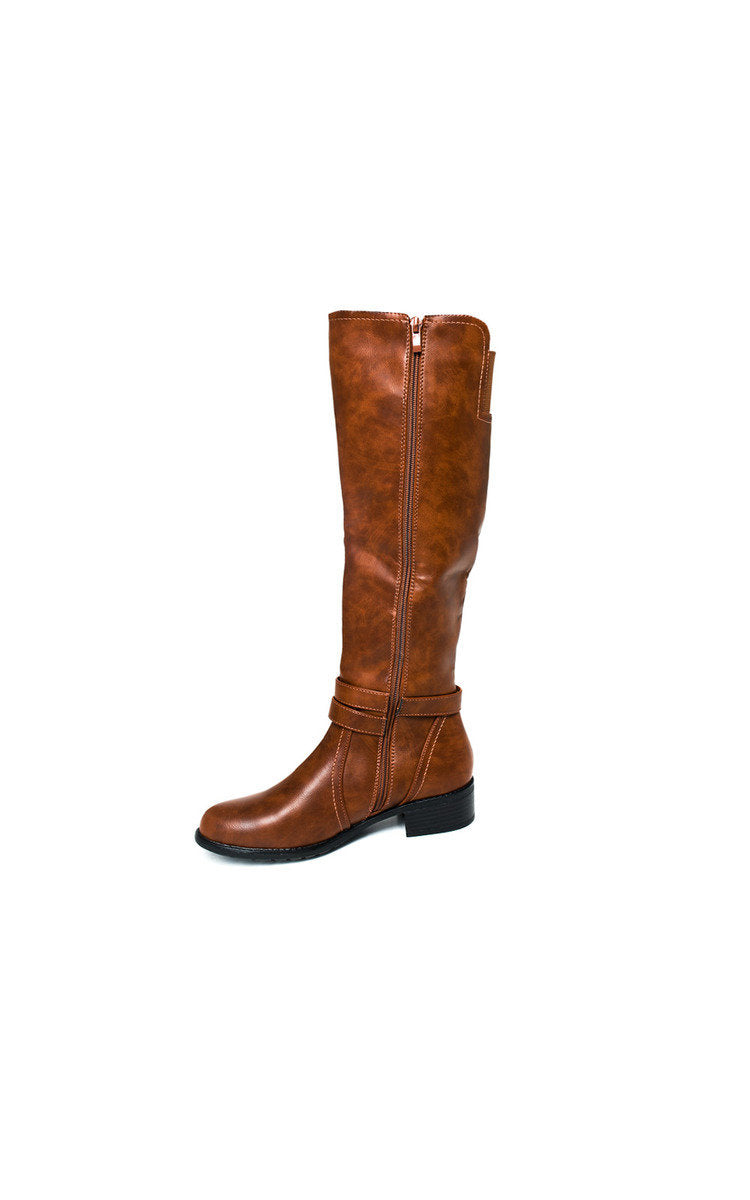 Camel knee-high boots with zipper seam and buckle strap at top
