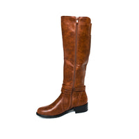 Camel knee-high boots with zipper seam and buckle strap at top