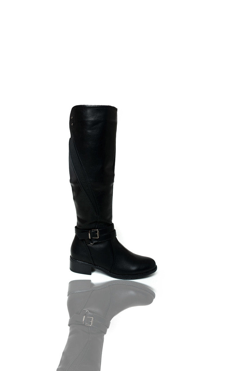 Black knee-high boots with front buckle strap and low block heel