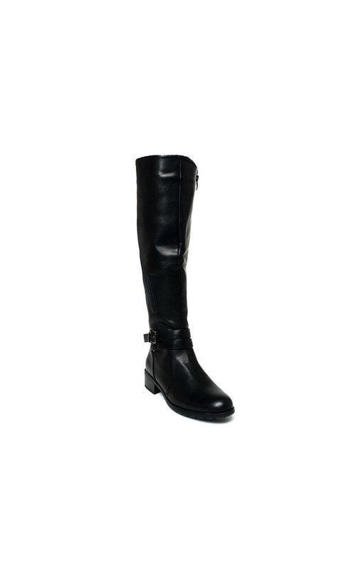 Black knee-high leather boots with buckle strap at the shaft and block heel