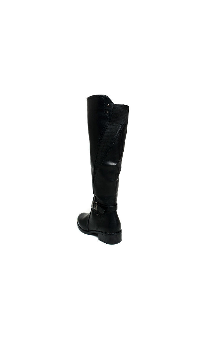 Black knee-high boots with side buckle detail and low block heel