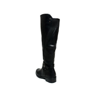 Black knee-high boots with side buckle detail and low block heel