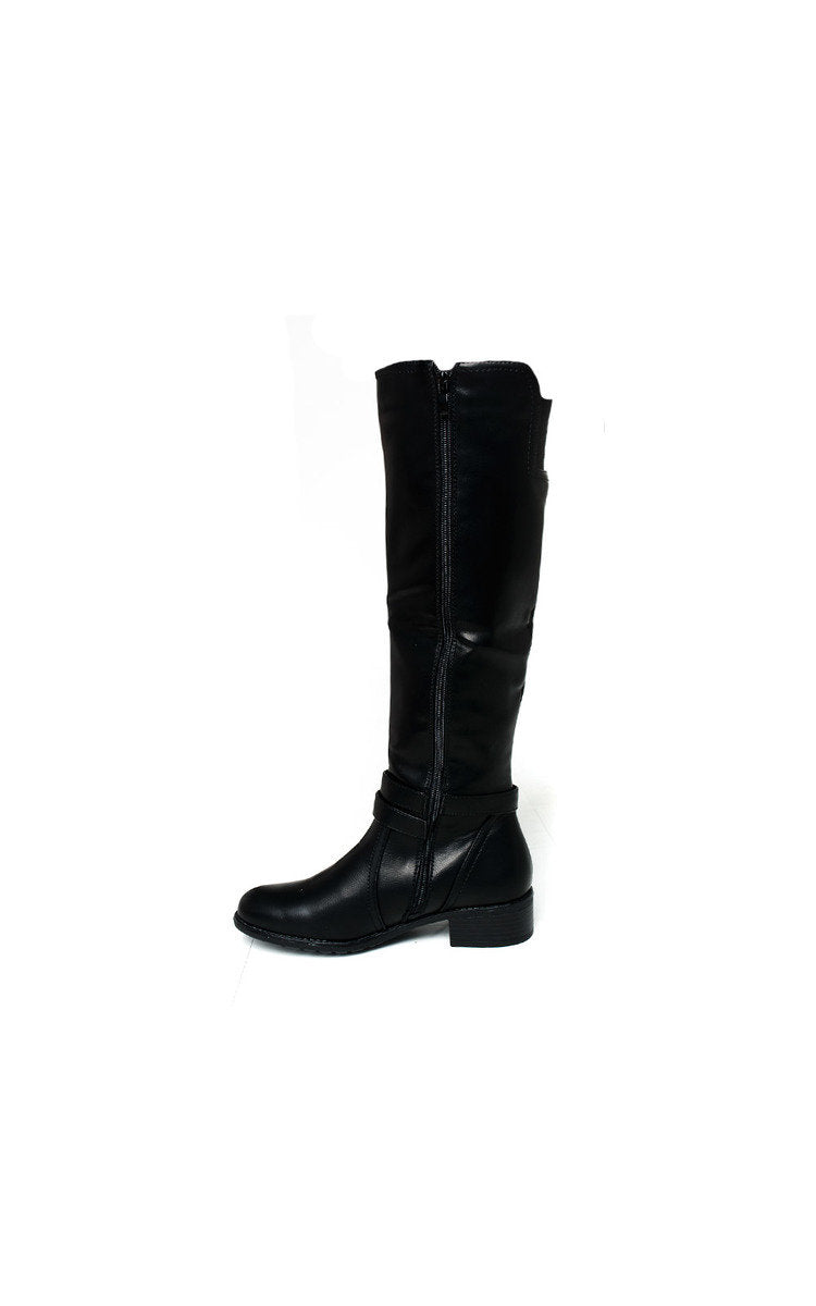 Black knee-high boots with pull-on design and low block heel