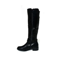 Black knee-high boots with pull-on design and low block heel