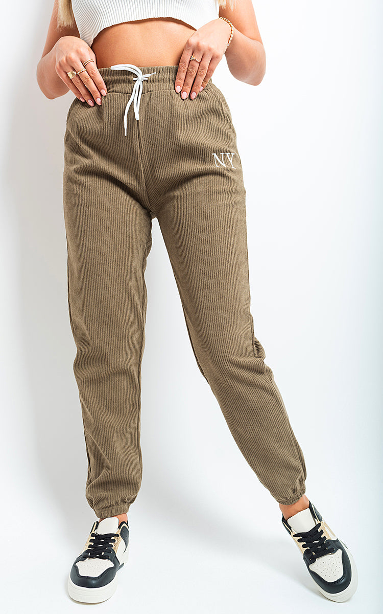 Ribbed Joggers in Khaki with Drawstring Waist and Pockets
