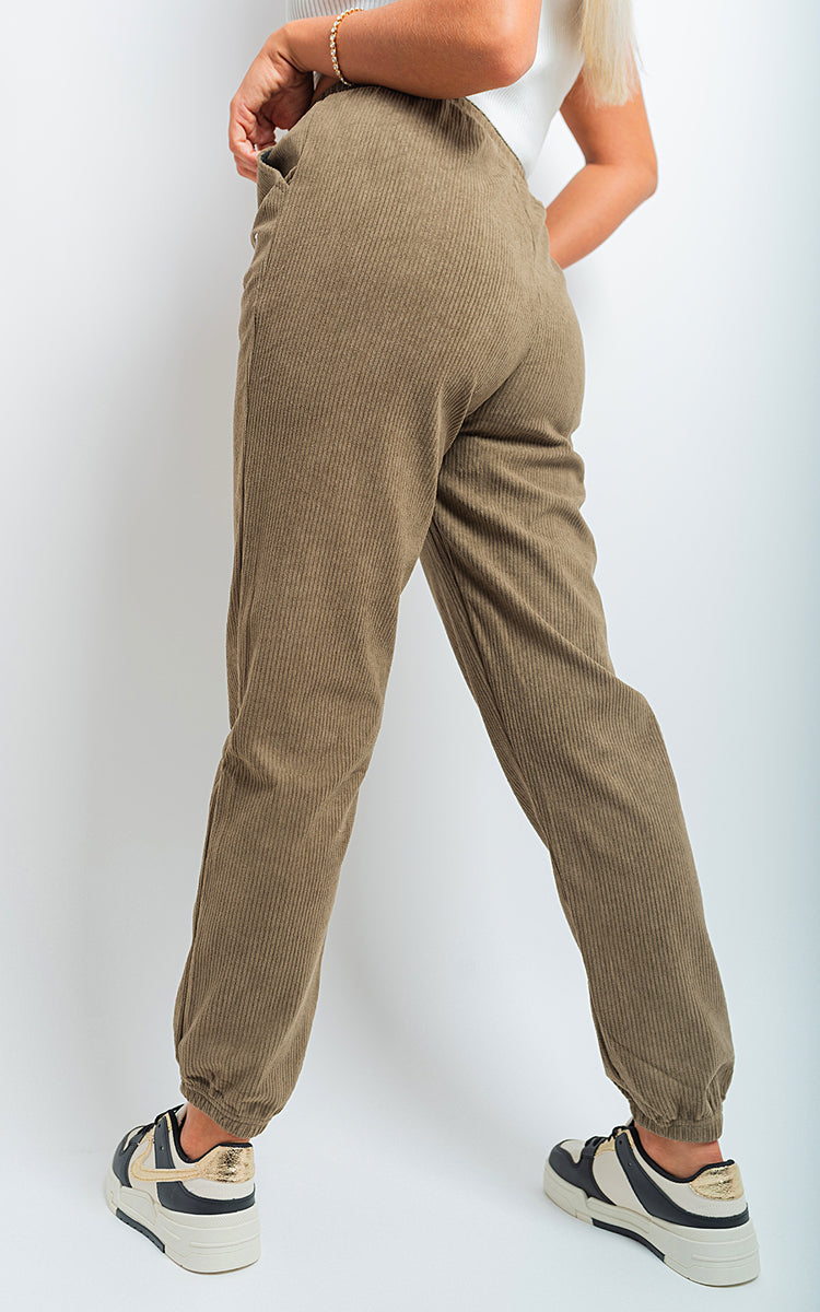 Ribbed Joggers in Khaki with Drawstring Waist and Pockets