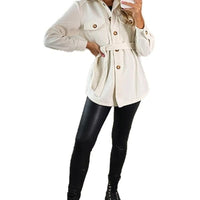 Cream belted jacket with button placket, flap chest pockets, stand collar