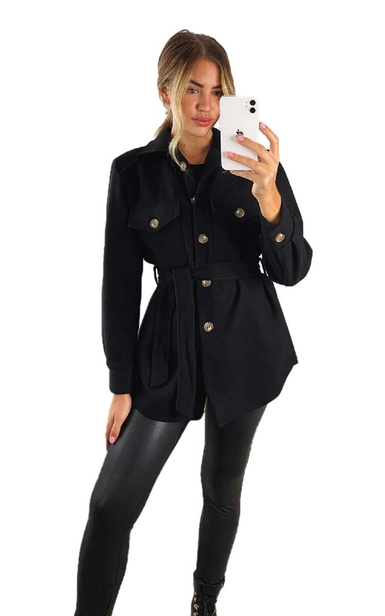 Dark navy belted jacket with gold snap buttons, flap pockets, and long sleeves.