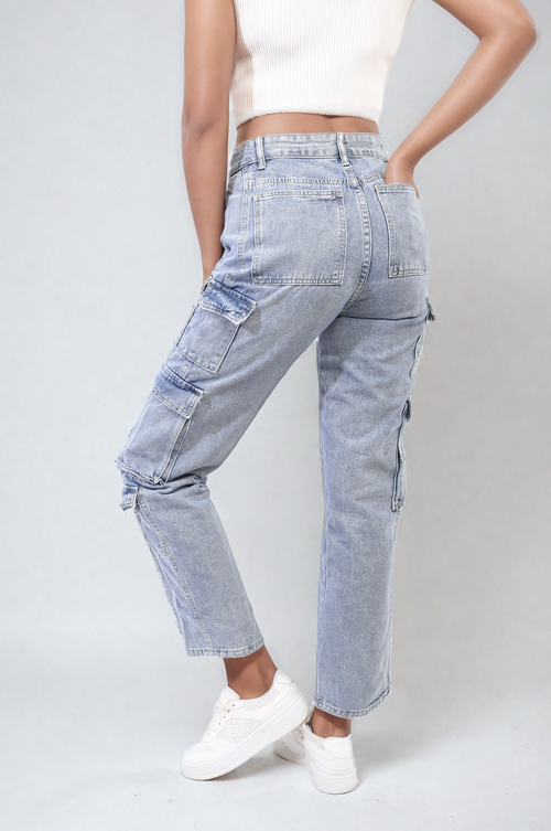 Light blue denim cargo jeans with stitched waist and multi-flap thigh pockets