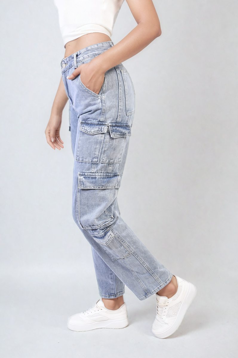 Light blue denim cargo jeans with multiple flap pockets and belt loops