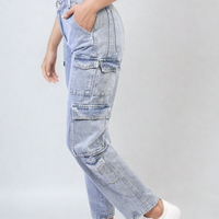 Light blue denim cargo jeans with multiple flap pockets and belt loops