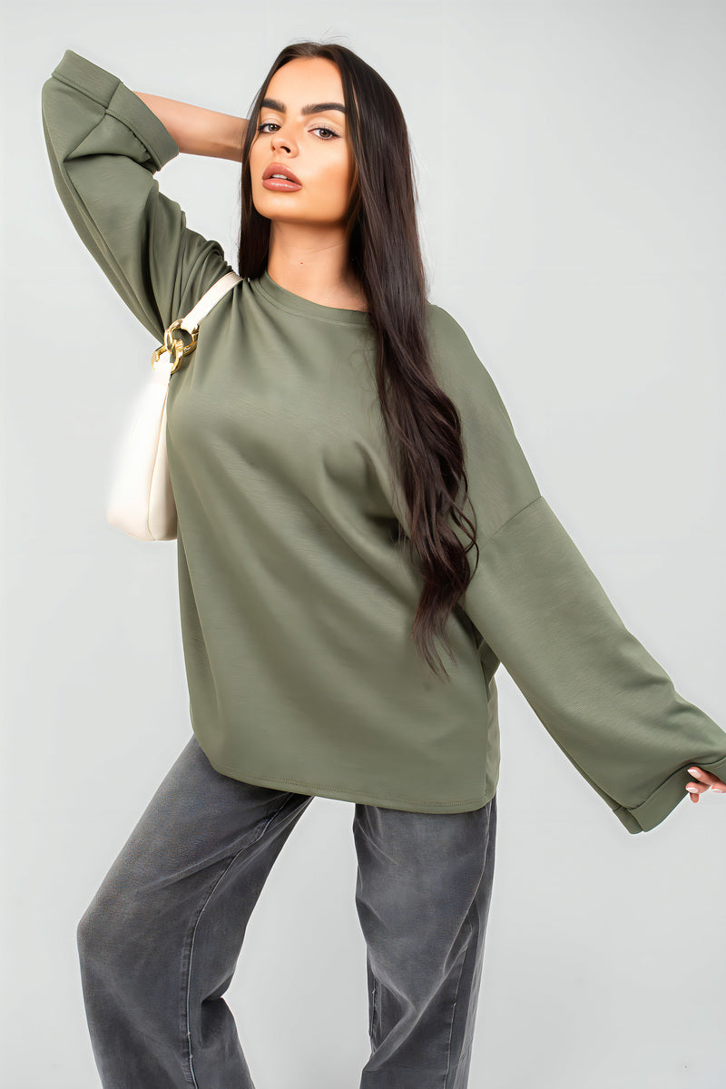 Olive green oversized crewneck sweatshirt with long sleeves, front view