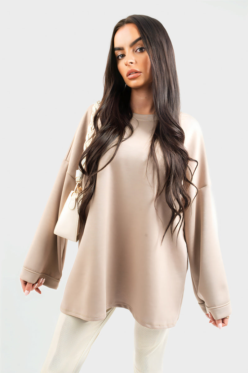 Mocha oversized crewneck sweatshirt with long sleeves, relaxed front view