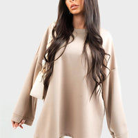 Mocha oversized crewneck sweatshirt with long sleeves, relaxed front view