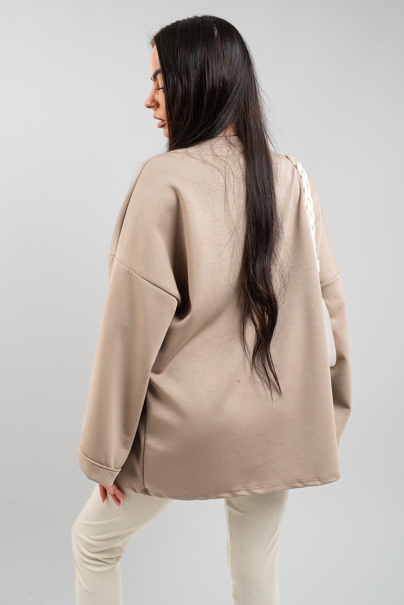 Beige oversized crewneck sweatshirt with long sleeves, back view