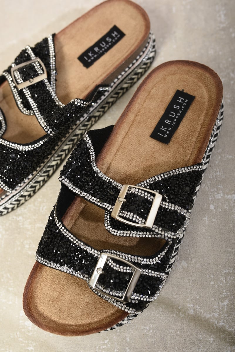 Embellished black platform sandals with two silver buckles and sparkle straps.