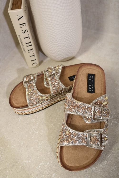 Sparkly double-buckle platform sandals with stone-studded cross straps