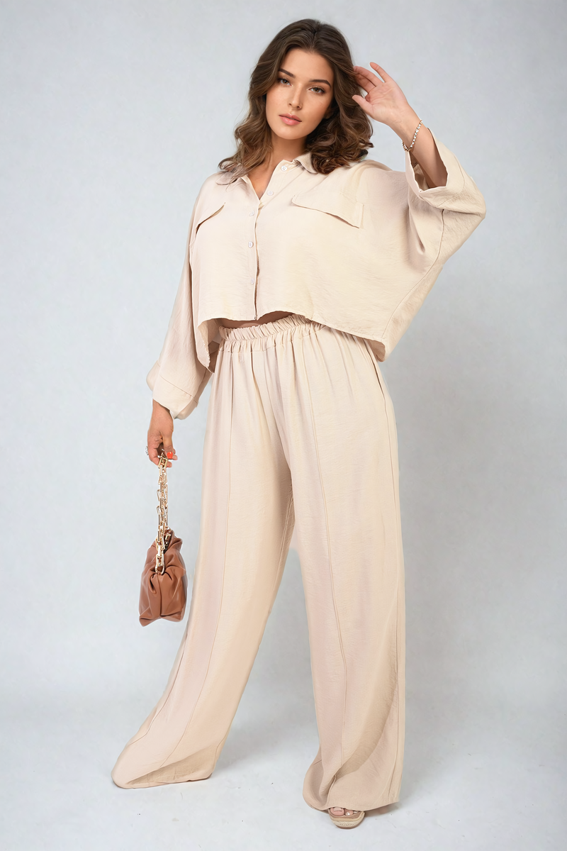 Co-ord Set in Sky Blue with Cropped Shirt and Wide-Leg Trousers