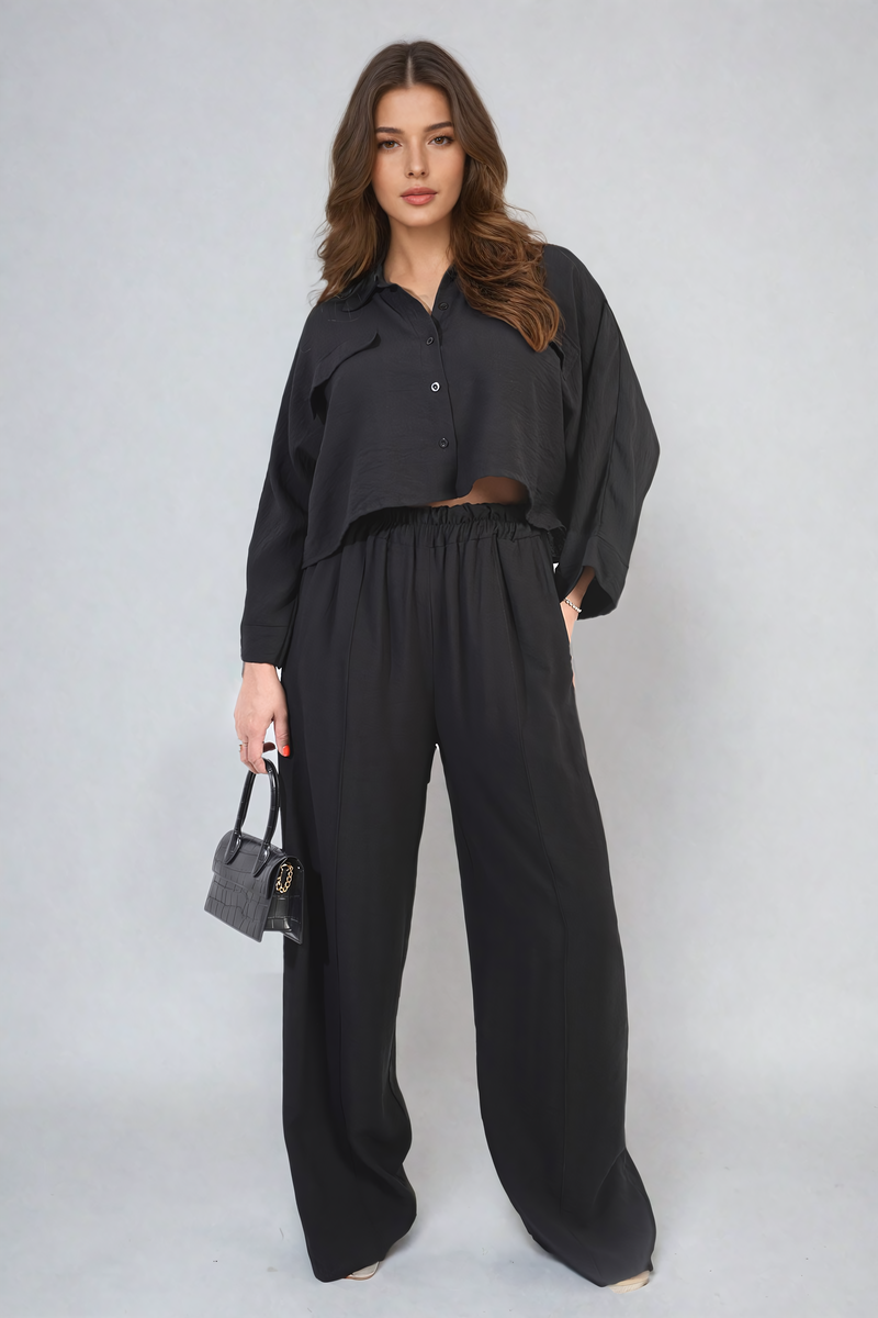 Co-ord Set in Sky Blue with Cropped Shirt and Wide-Leg Trousers