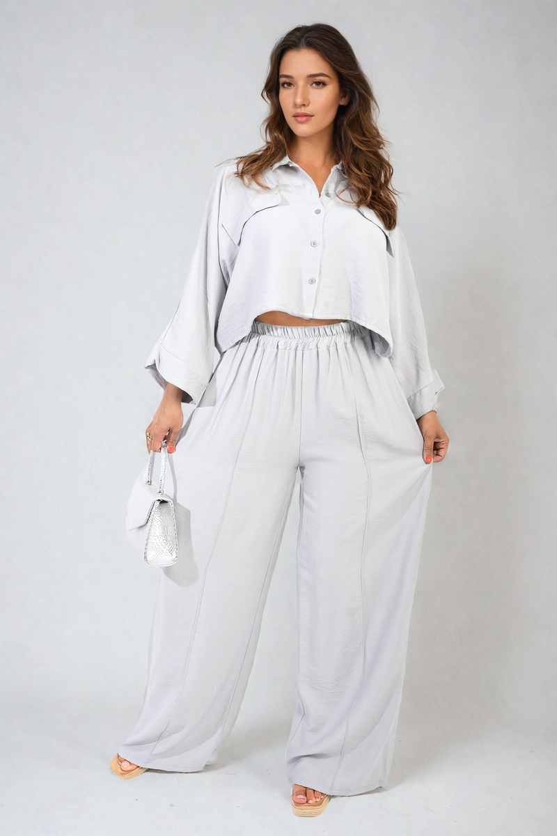 Co-ord Set in Sky Blue with Cropped Shirt and Wide-Leg Trousers